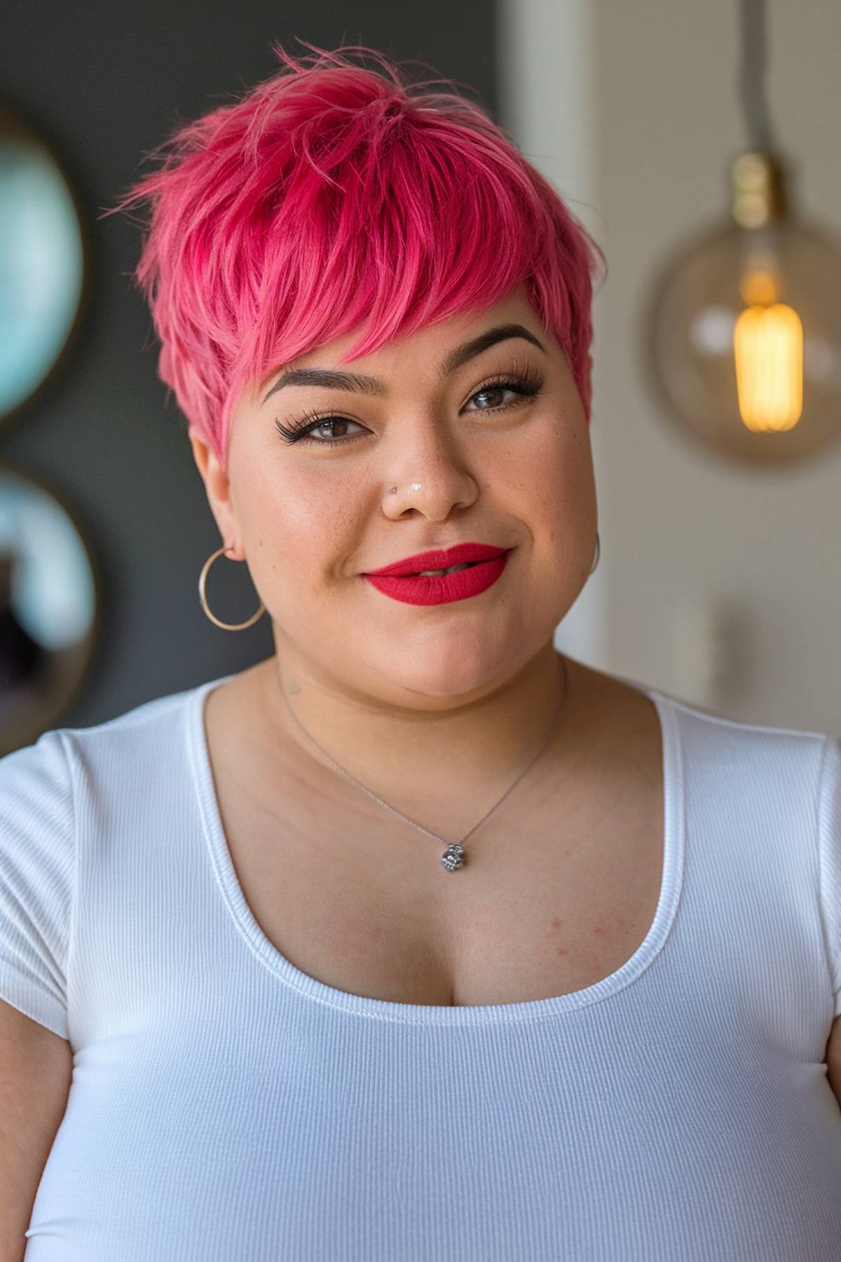 Bright pink pixie cut with soft layers designed to flatter round face shapes