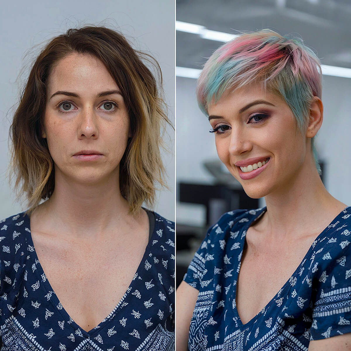 Short pastel pixie cut with a choppy texture, perfect for adding volume to thin hair