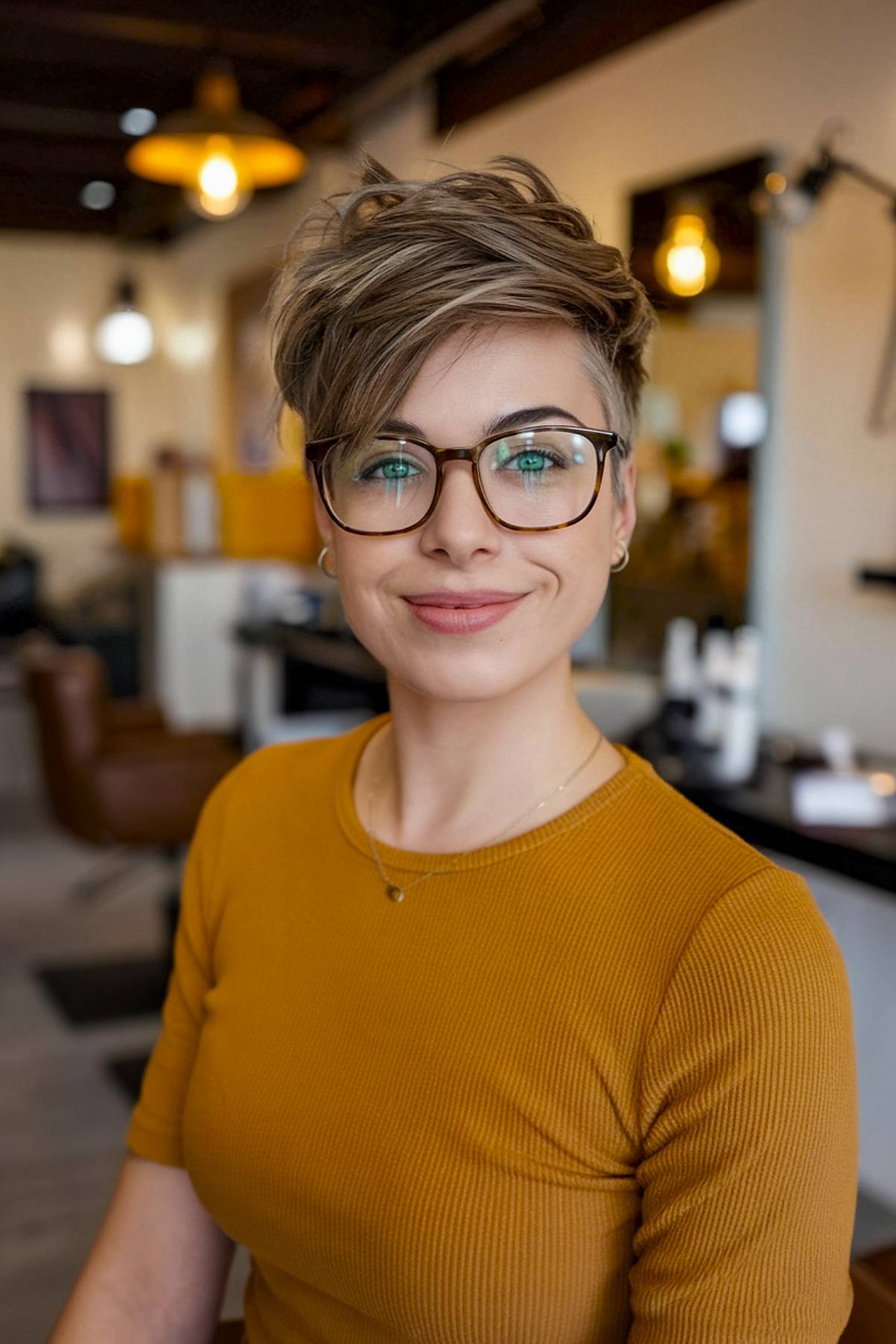 Layered brown pixie cut with side-swept bangs, perfect for pairing with glasses