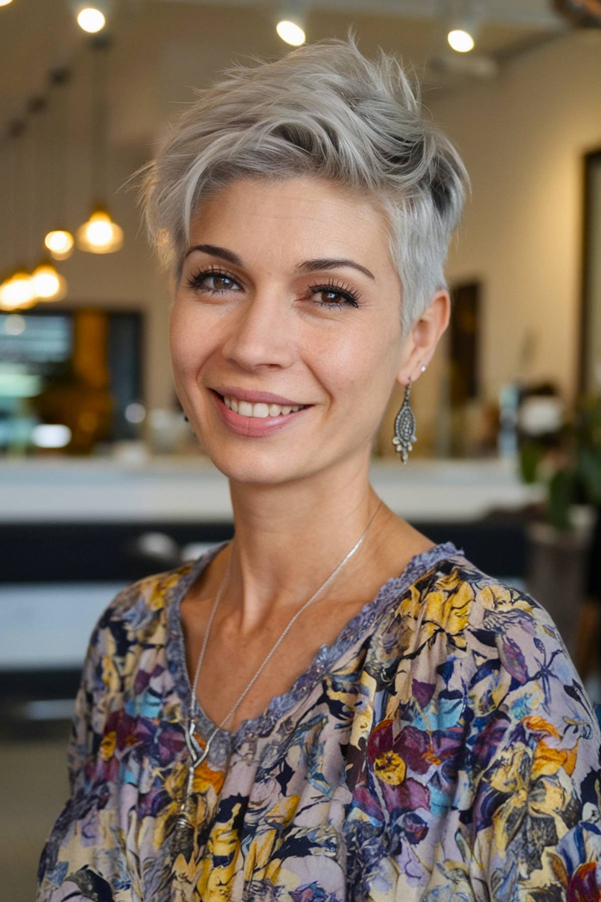 Textured grey pixie cut with voluminous layers for a stylish, mature look