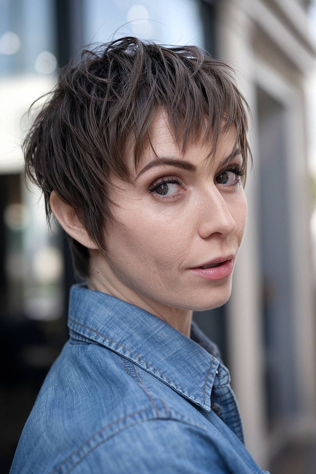 Funky dark hair pixie cut with a messy, carefree finish