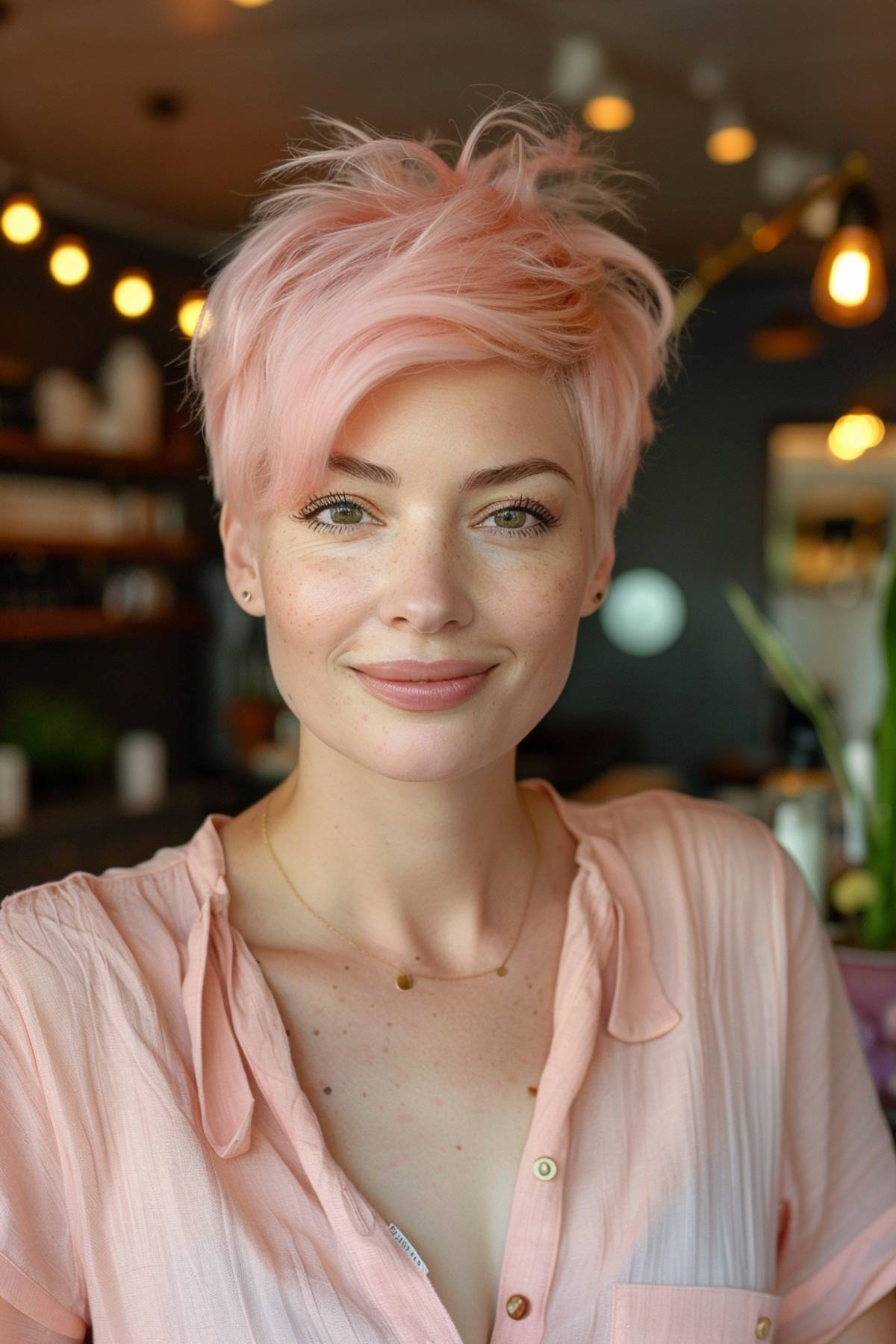 Funky pixie cut with a playful pink color