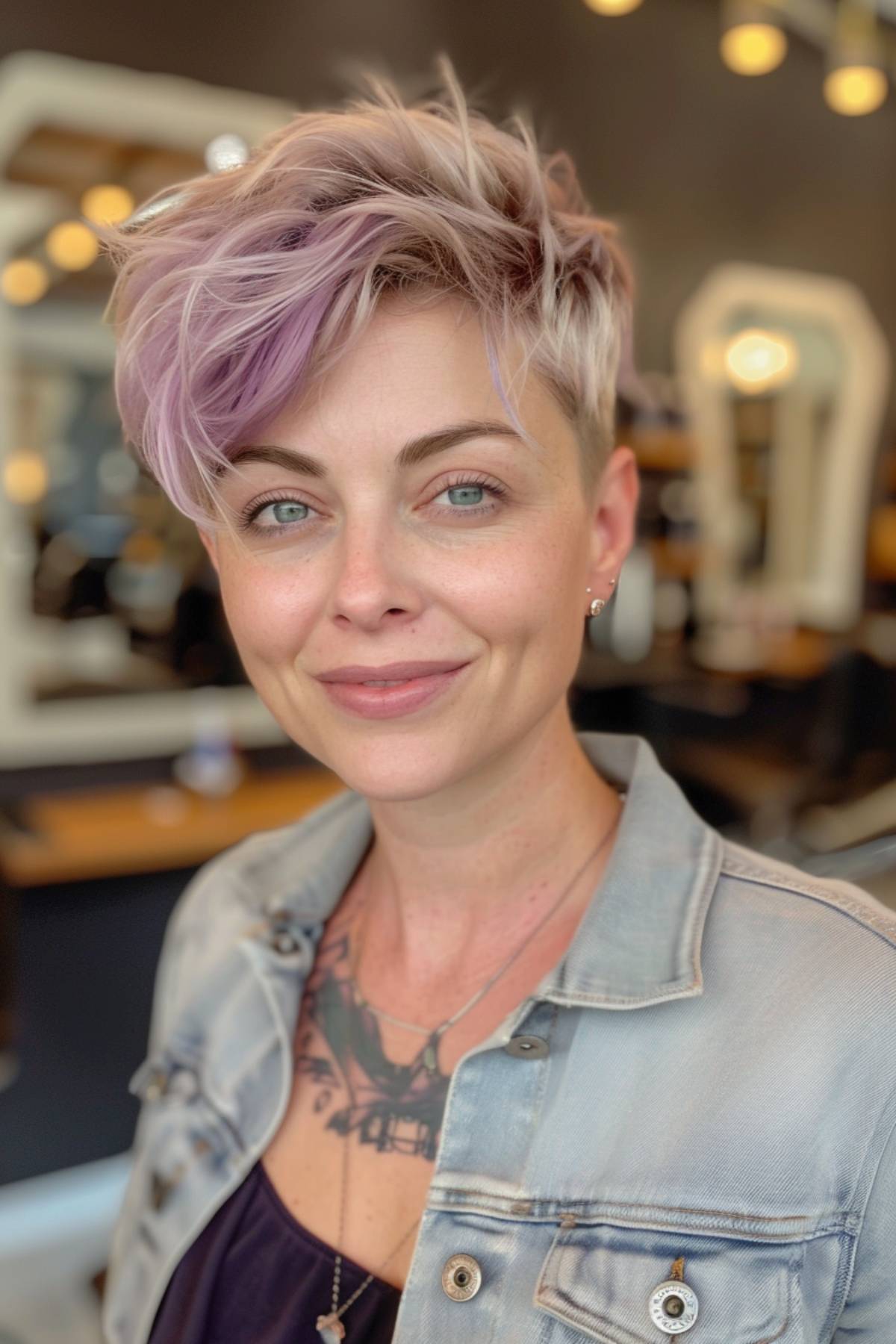 Funky pixie cut with vibrant purple highlights