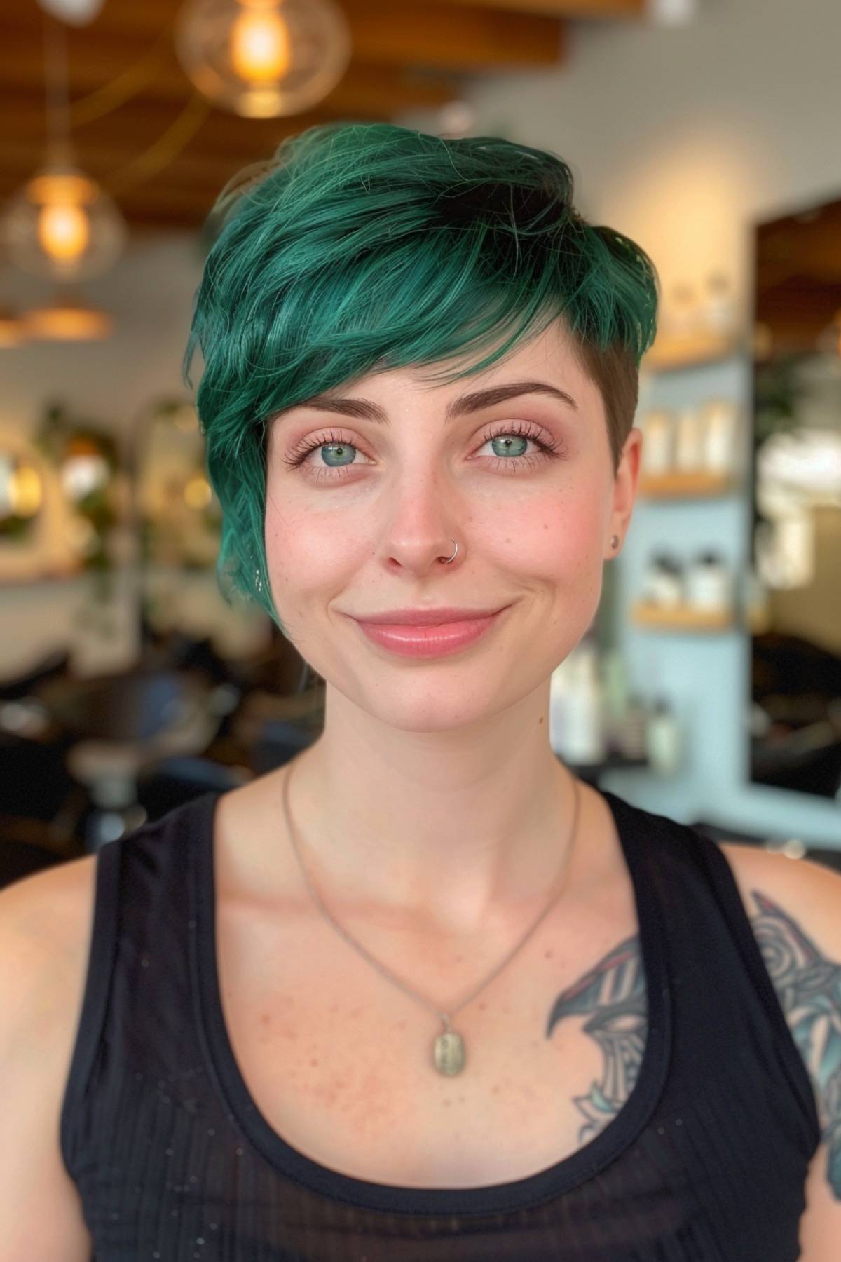 Wavy funky pixie cut with long, sweeping bangs