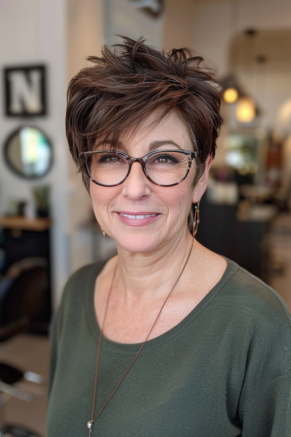 Shaggy funky pixie cut ideal for older women with glasses