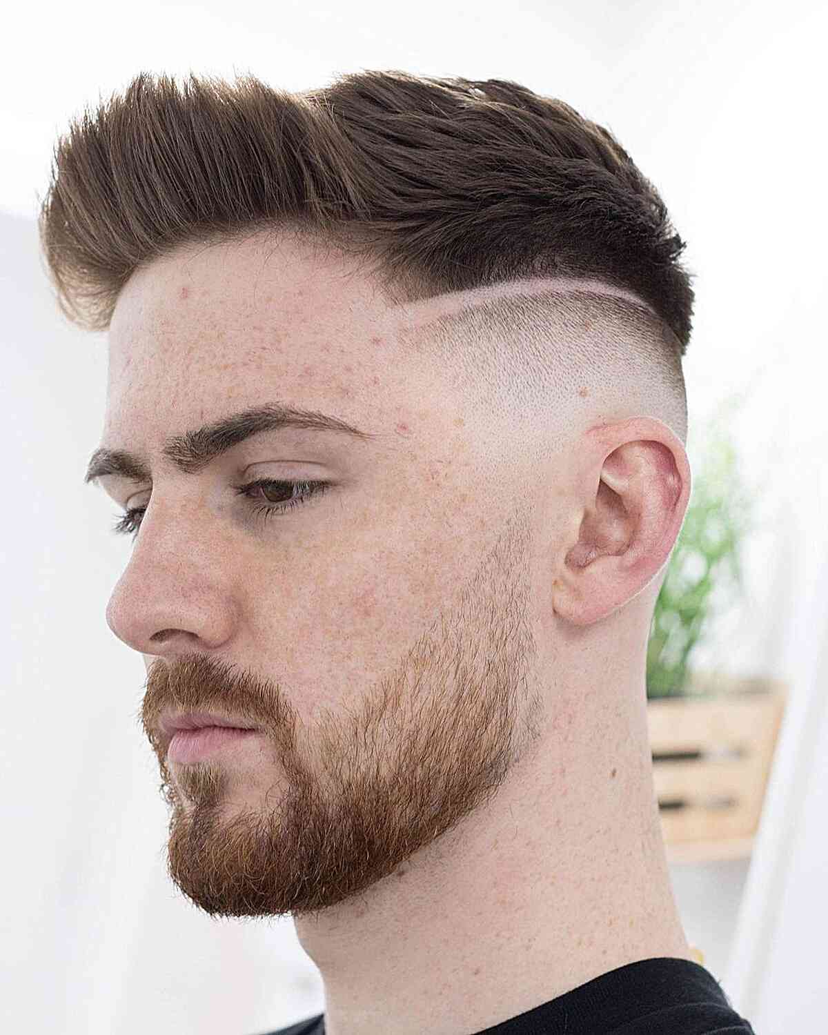 Fuzzy Crew Cut with a Shaved Line and Brushed-Up Style for Fine-Haired Men