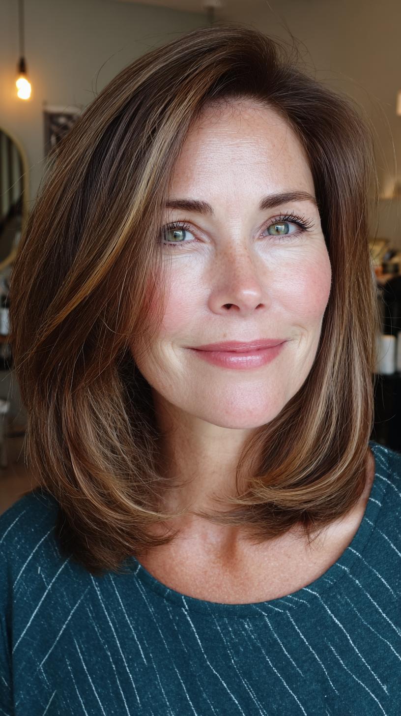 Layered Chestnut Long Bob with Soft Highlights