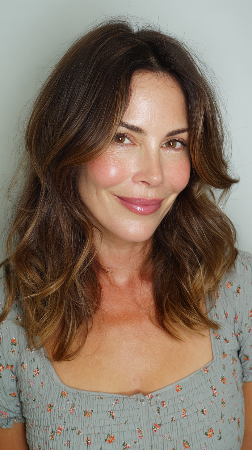 Stylish Softly Layered Long Bob with Warm Highlights