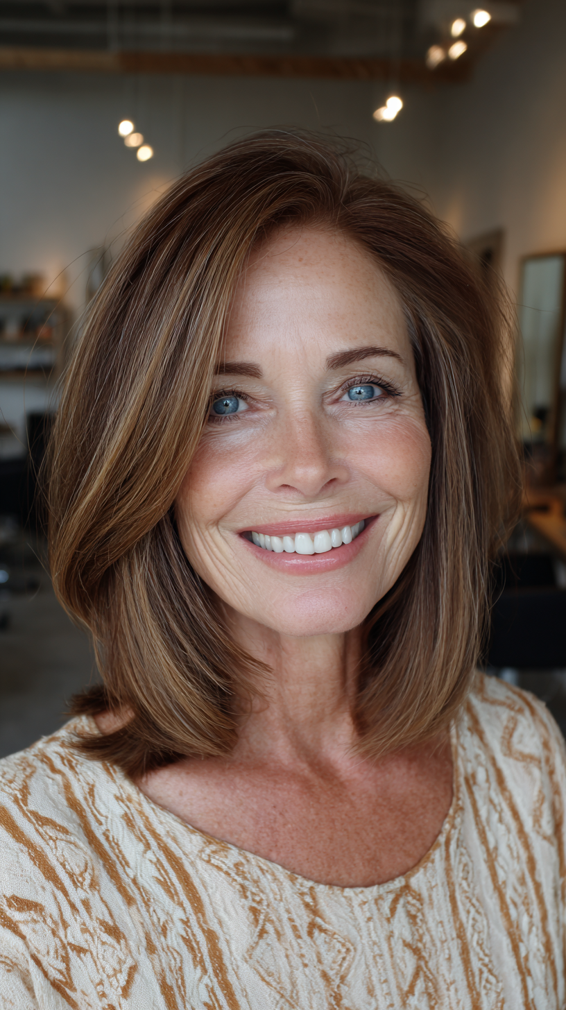 Stylish Warm Brown Long Bob with Subtle Face-Framing Layers
