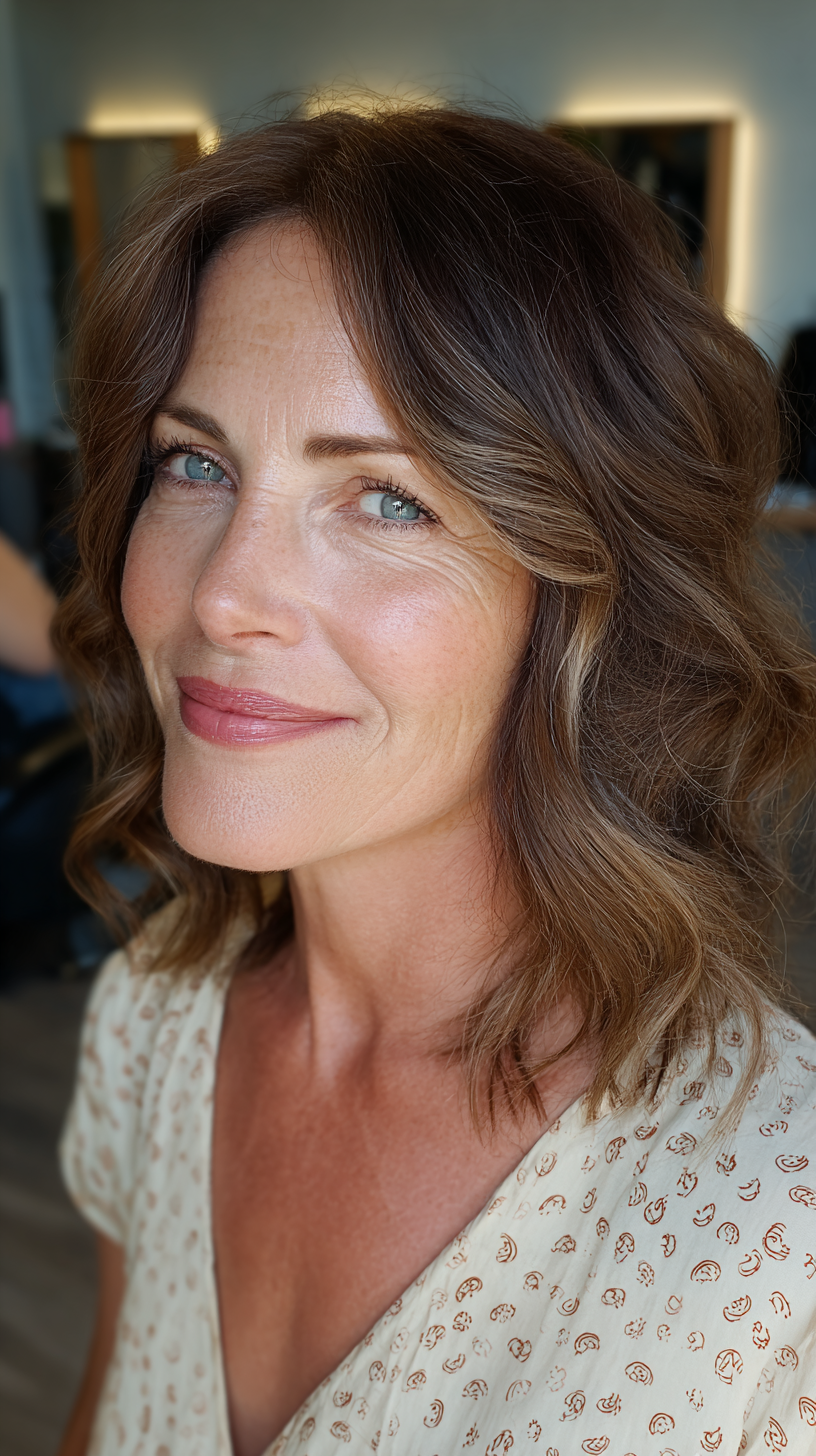 Warm Brown Wavy Long Bob with Subtle Highlights