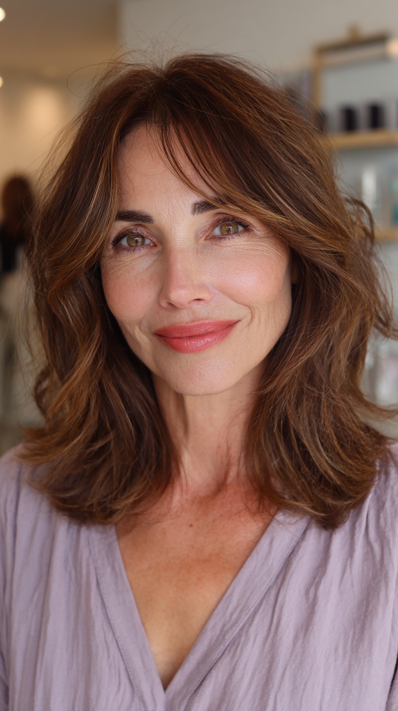 Brunette Feathered Layers with Soft Curtain Bangs