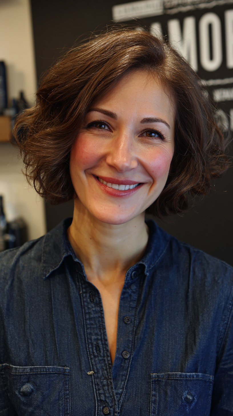 Brunette Wavy Bob with Caramel Highlights