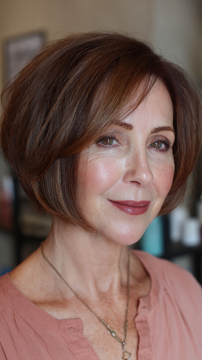 Burnished Auburn Stacked Bob with Delicate Fringe