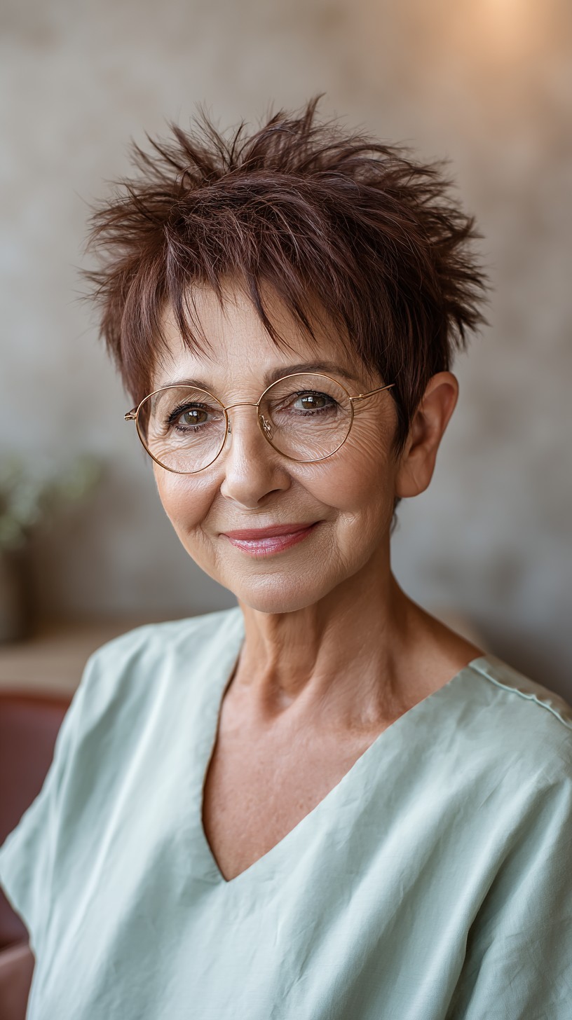 Charming Chestnut Spiky Cut with Circle Glasses