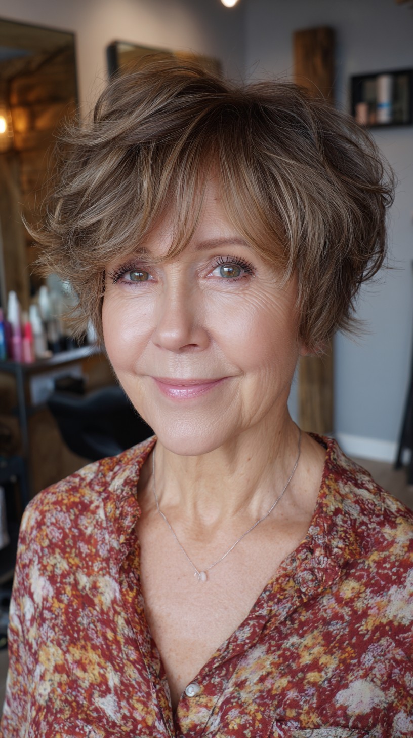 Charming Chestnut Textured Shag with Side-Swept Bangs