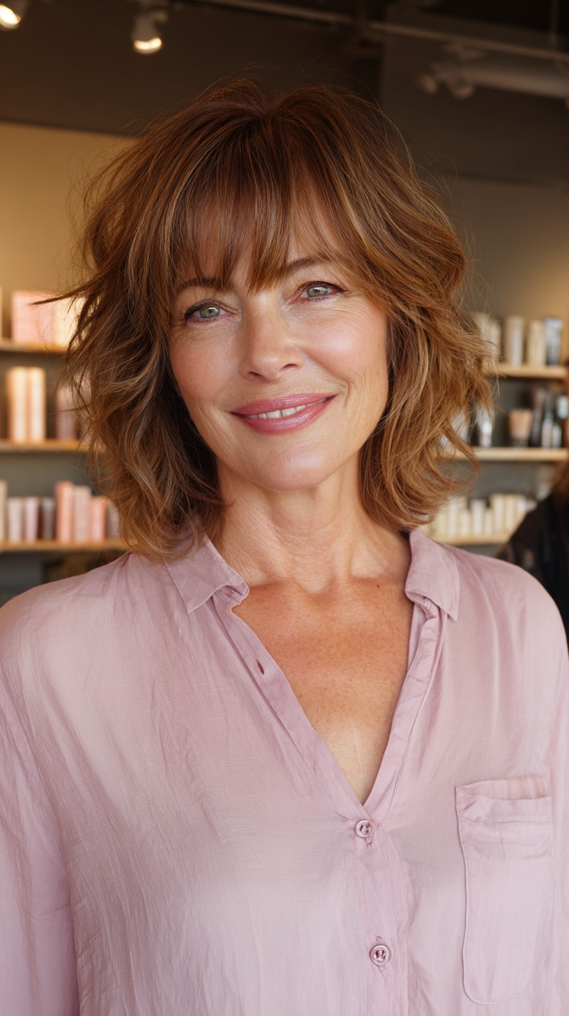 Charming Tawny Tousled Bob with Bangs