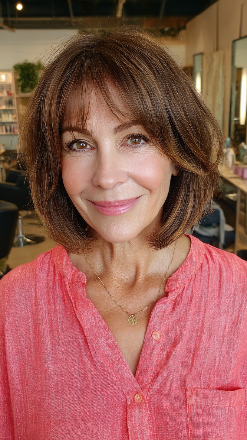 Chic Cinnamon Layered Bob with Soft Bangs