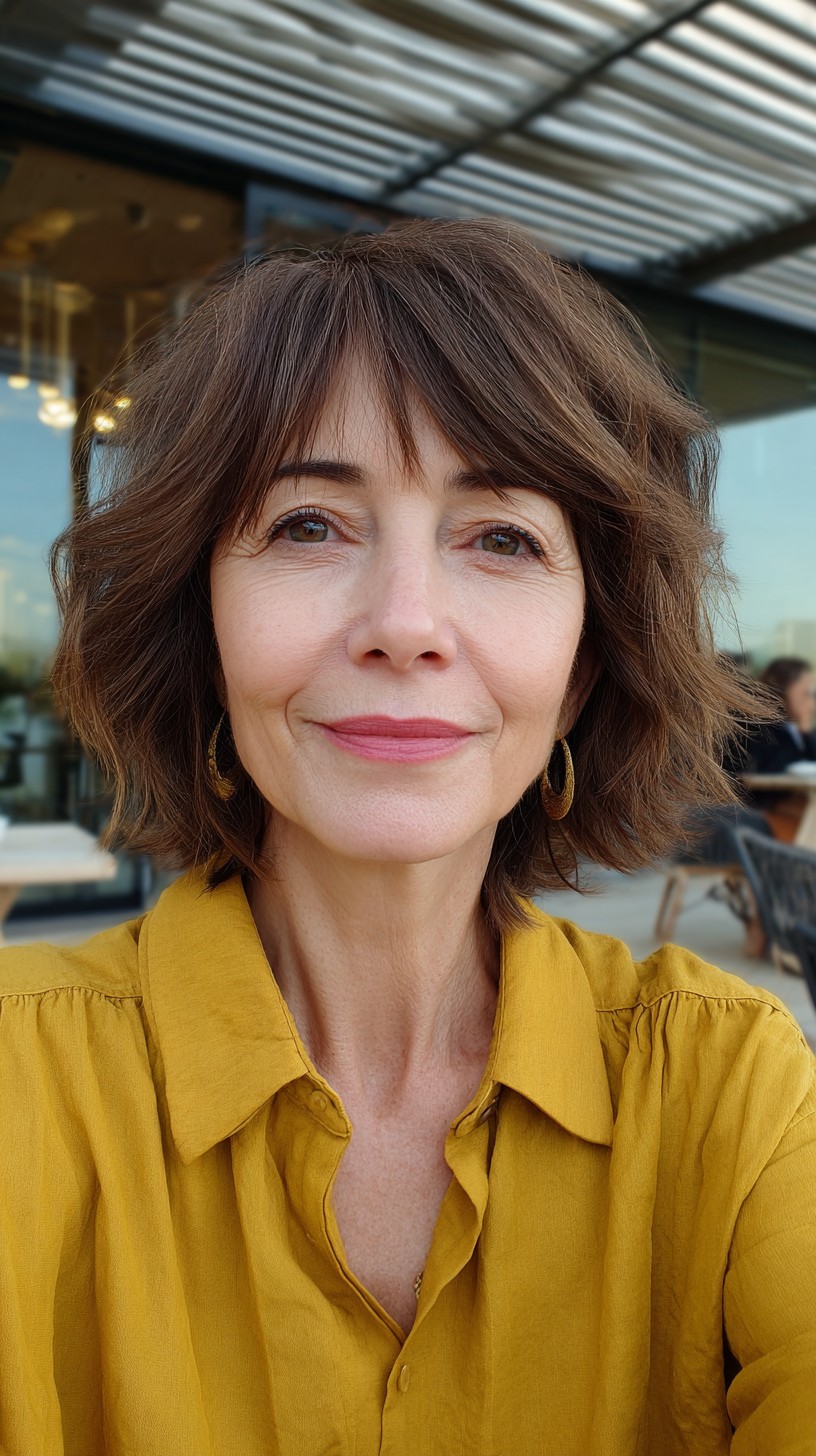 Chic Espresso Textured Bob with Soft Bangs
