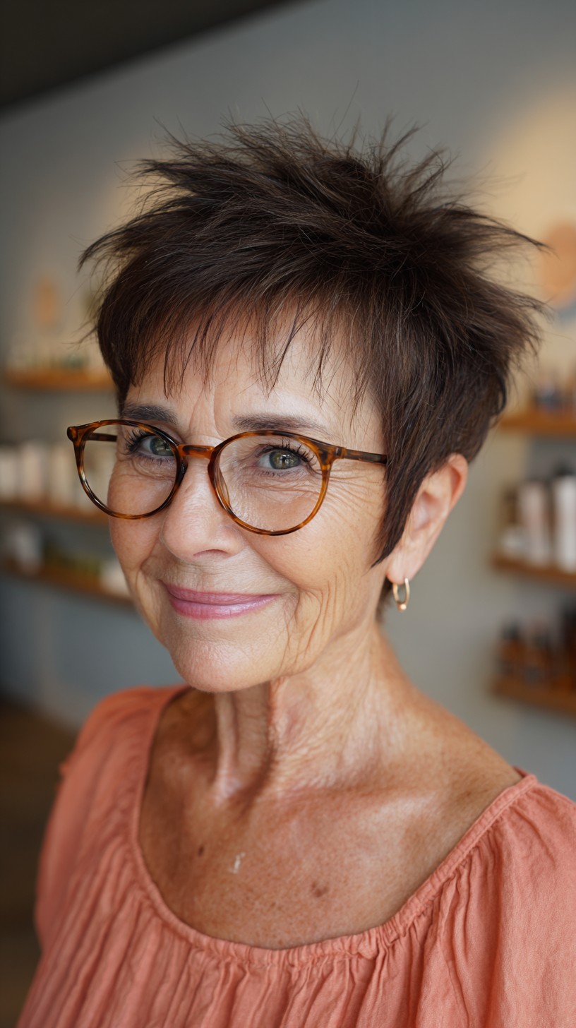 Chic Espresso Tousled Pixie for Fashionable Seniors