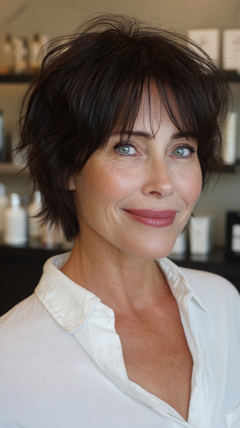 Chic Tousled Brunette Shag with Feathered Bangs