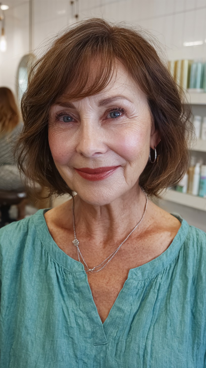 Copper-Toned Layered Bob with Side-Swept Bangs