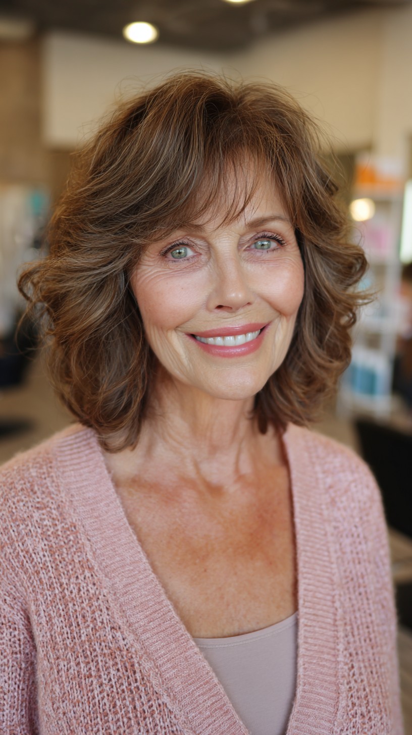 Elegant Layered Chestnut Waves with Soft Bangs