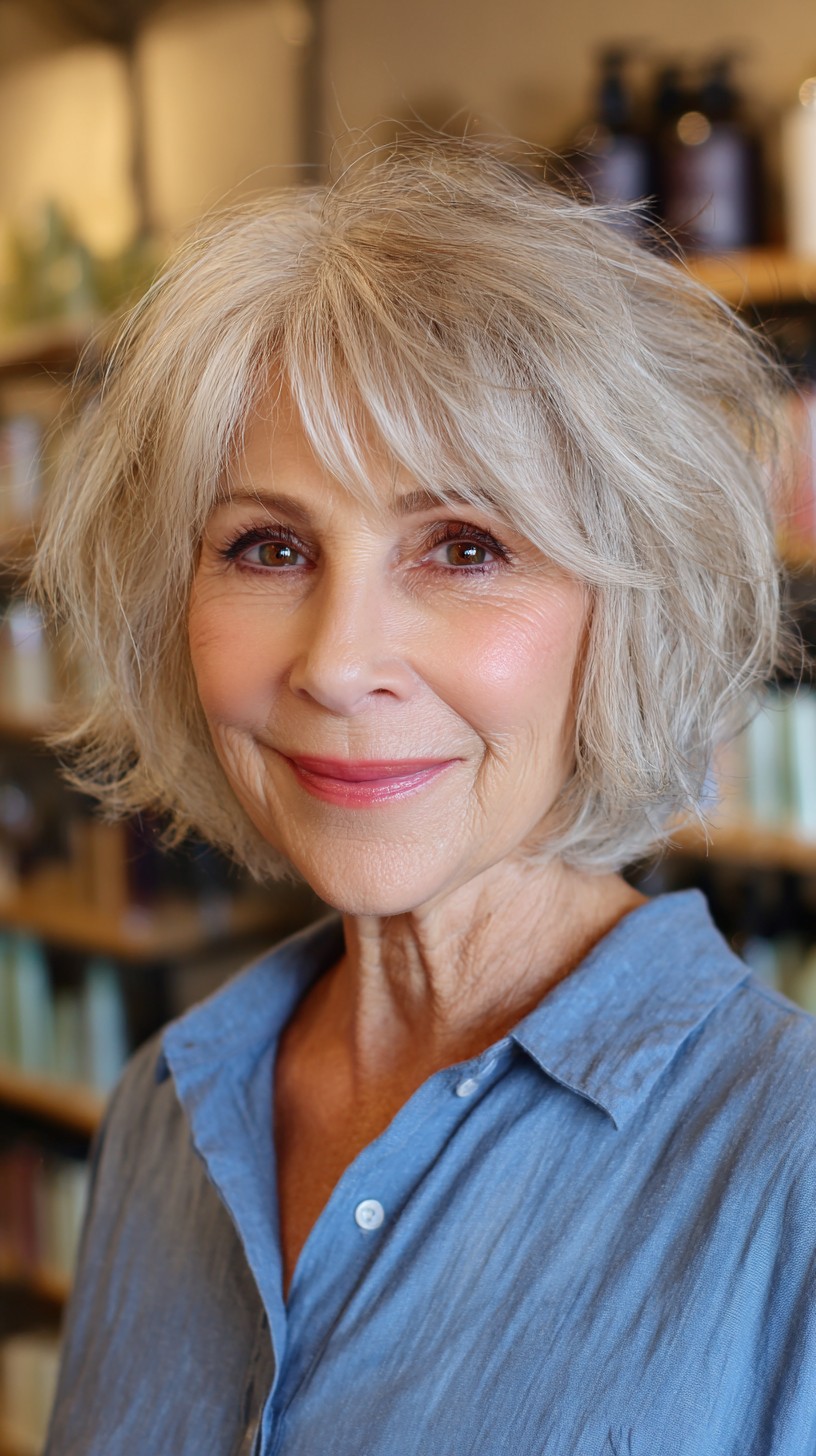 Feathery Silver Bob with Light Textured Waves