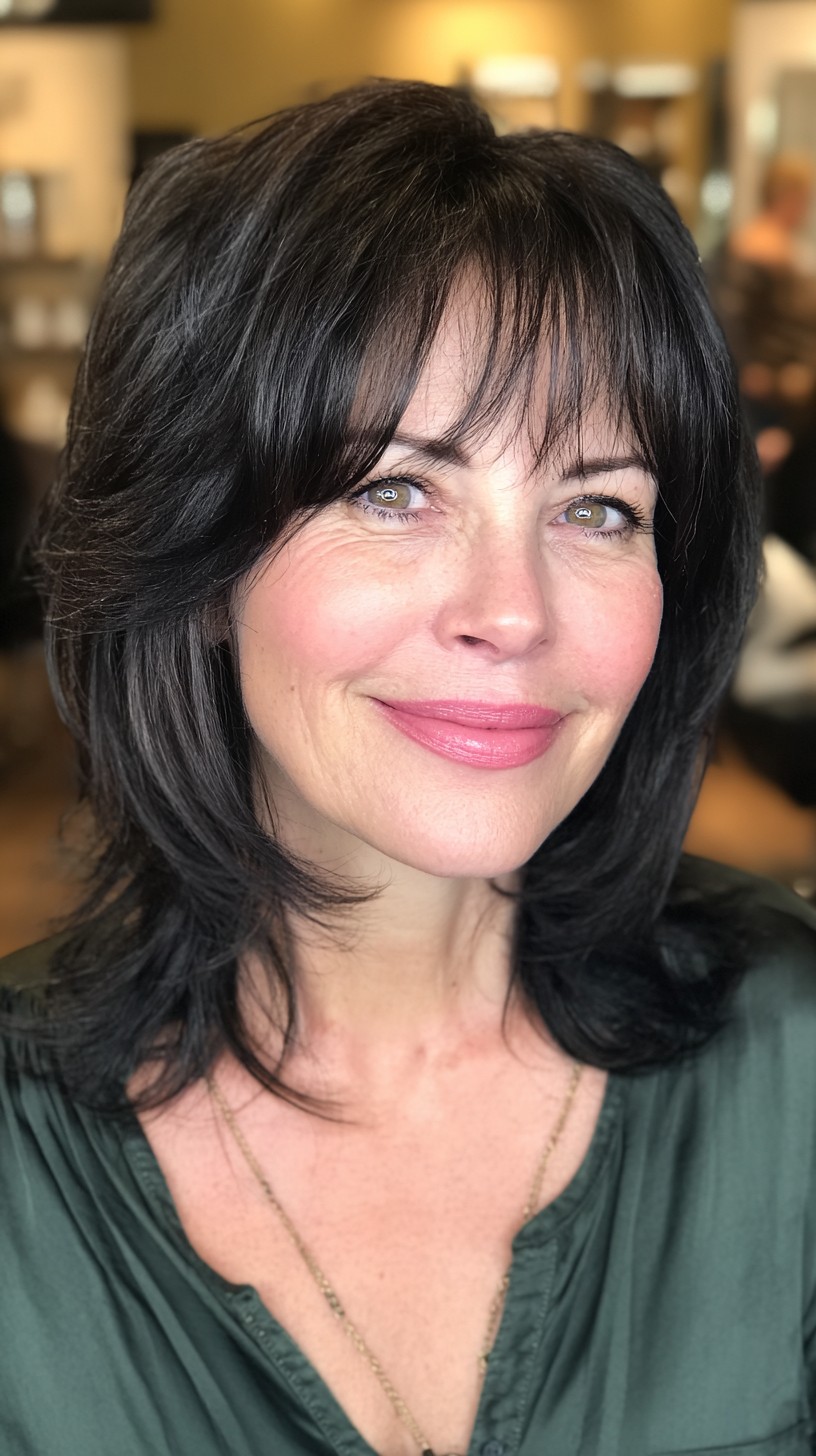 Glossy Raven Layered Cut with Soft Bangs