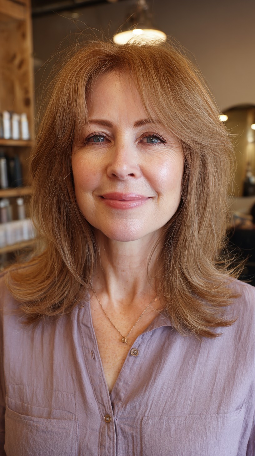 Graceful Golden Mid-Length Cut with Natural Flow