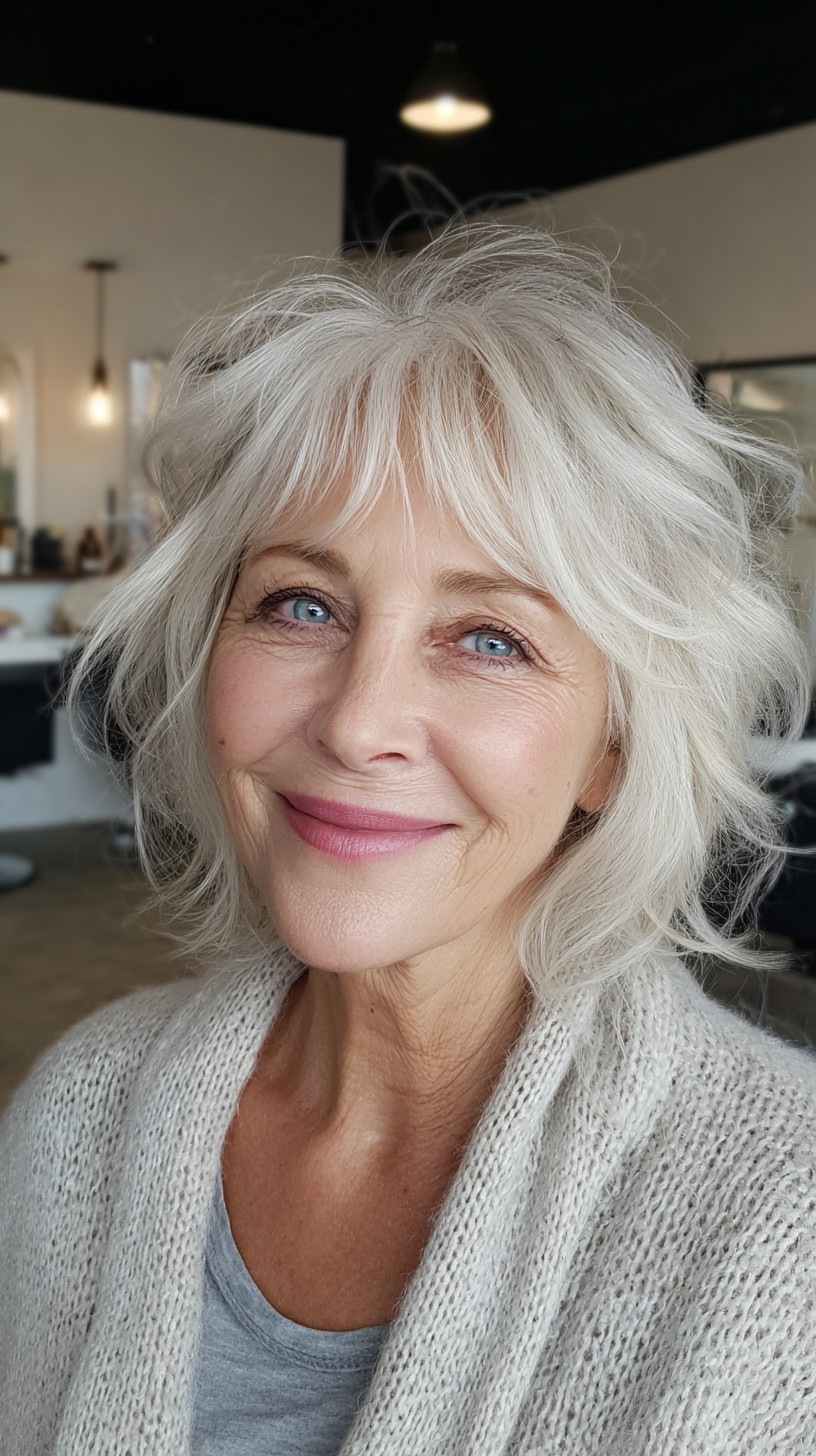 Graceful Platinum Tousled Shag with Soft Fringe