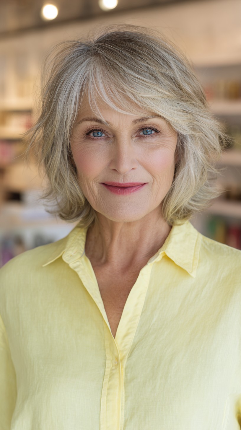 Light Silver Feathered Shag for Mature Fine Hair