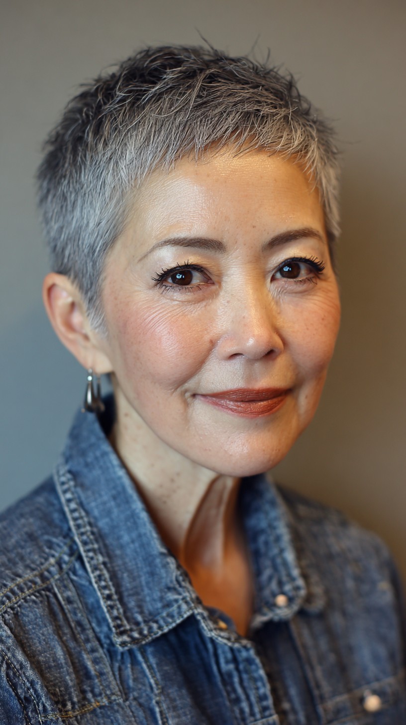 Modern Salt-and-Pepper Pixie with Textured Top
