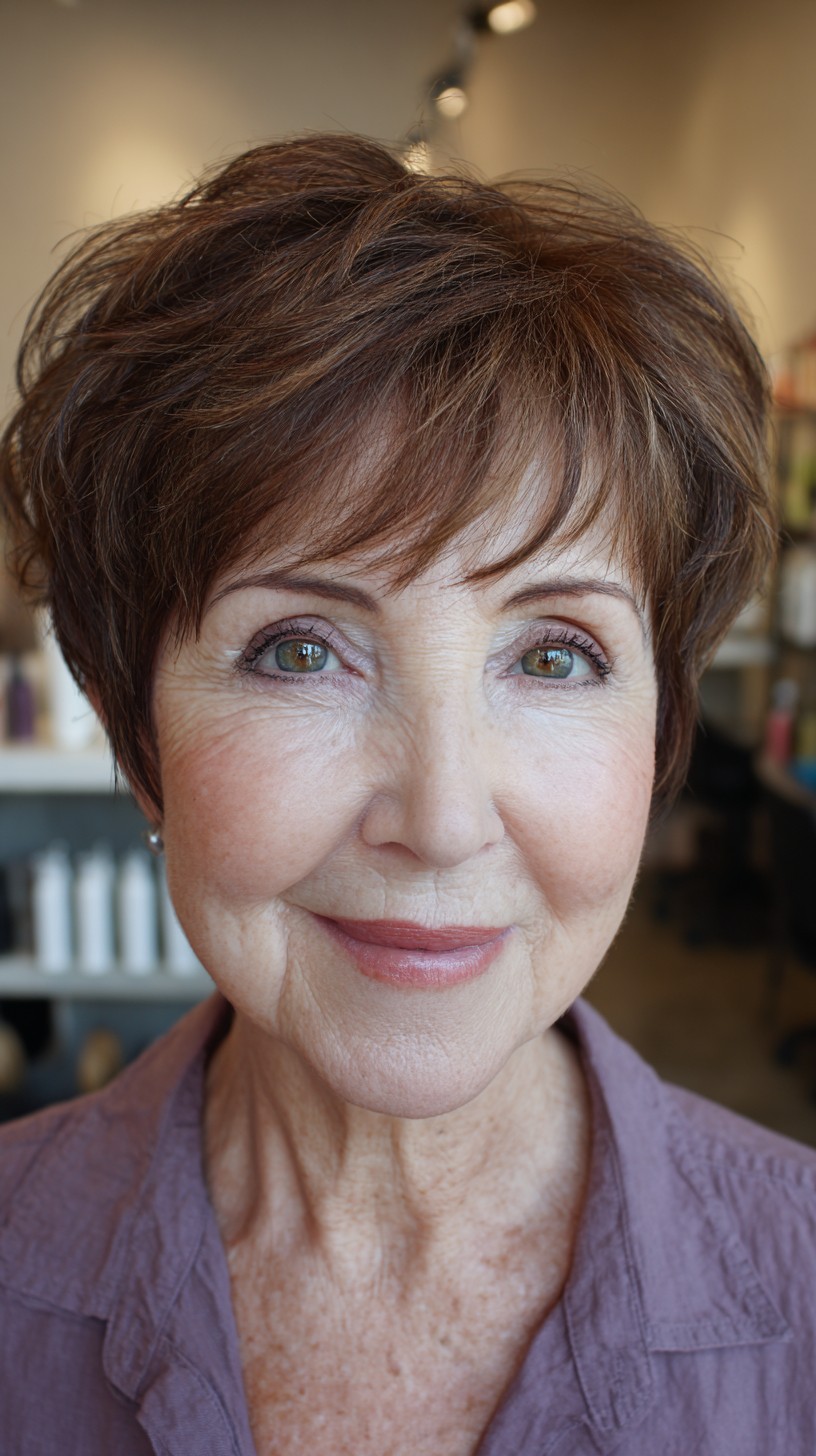 Rich Chestnut Layered Pixie with Subtle Highlights