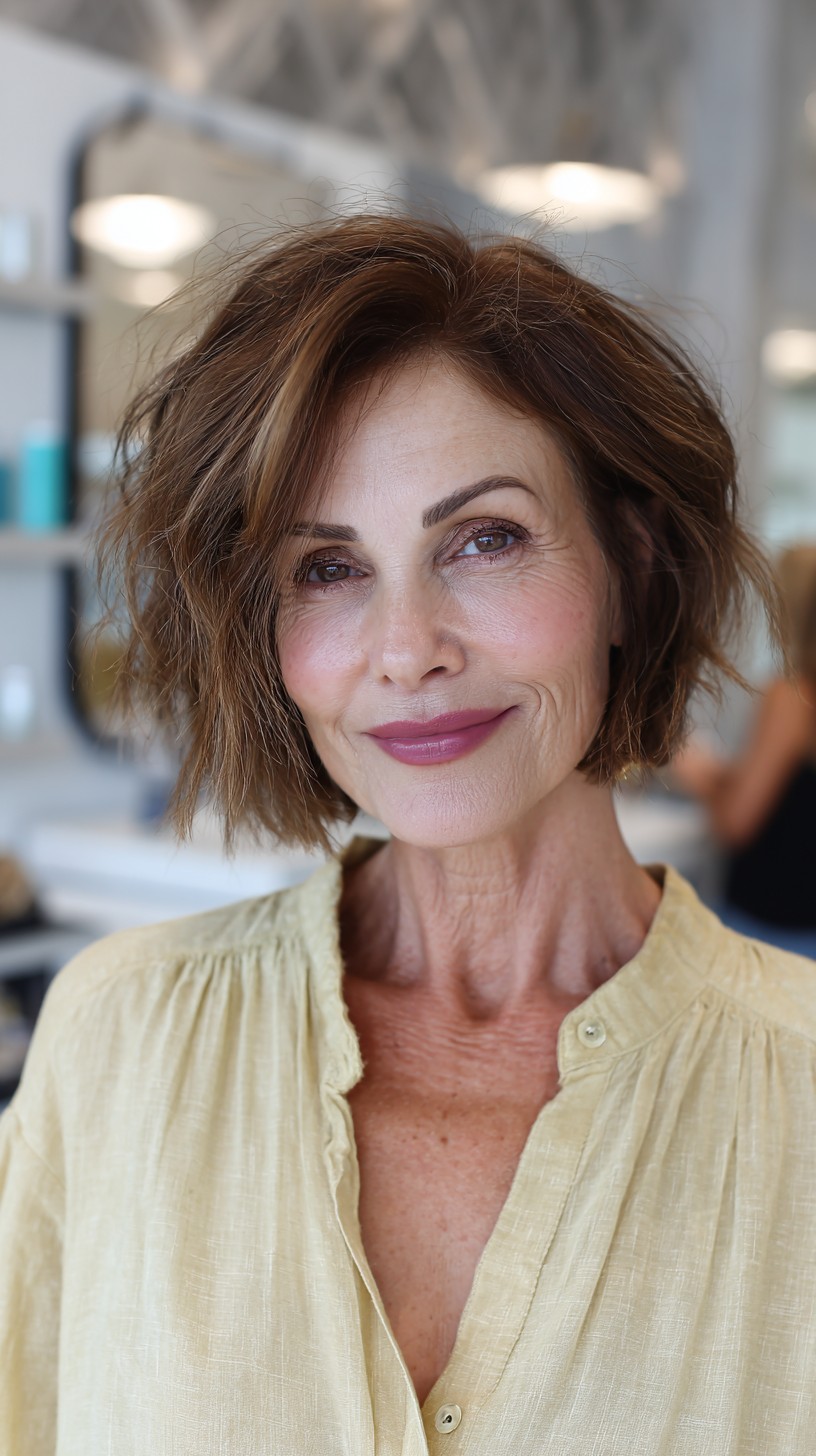 Rustic Copper Textured Bob with Side-Swept Bangs