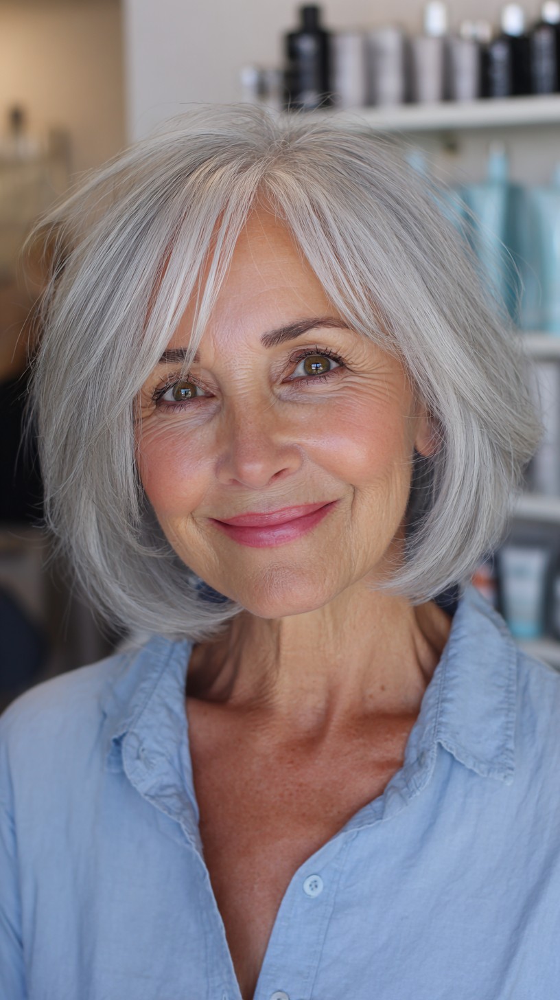 Silvery Feathered Bob for Fine Hair