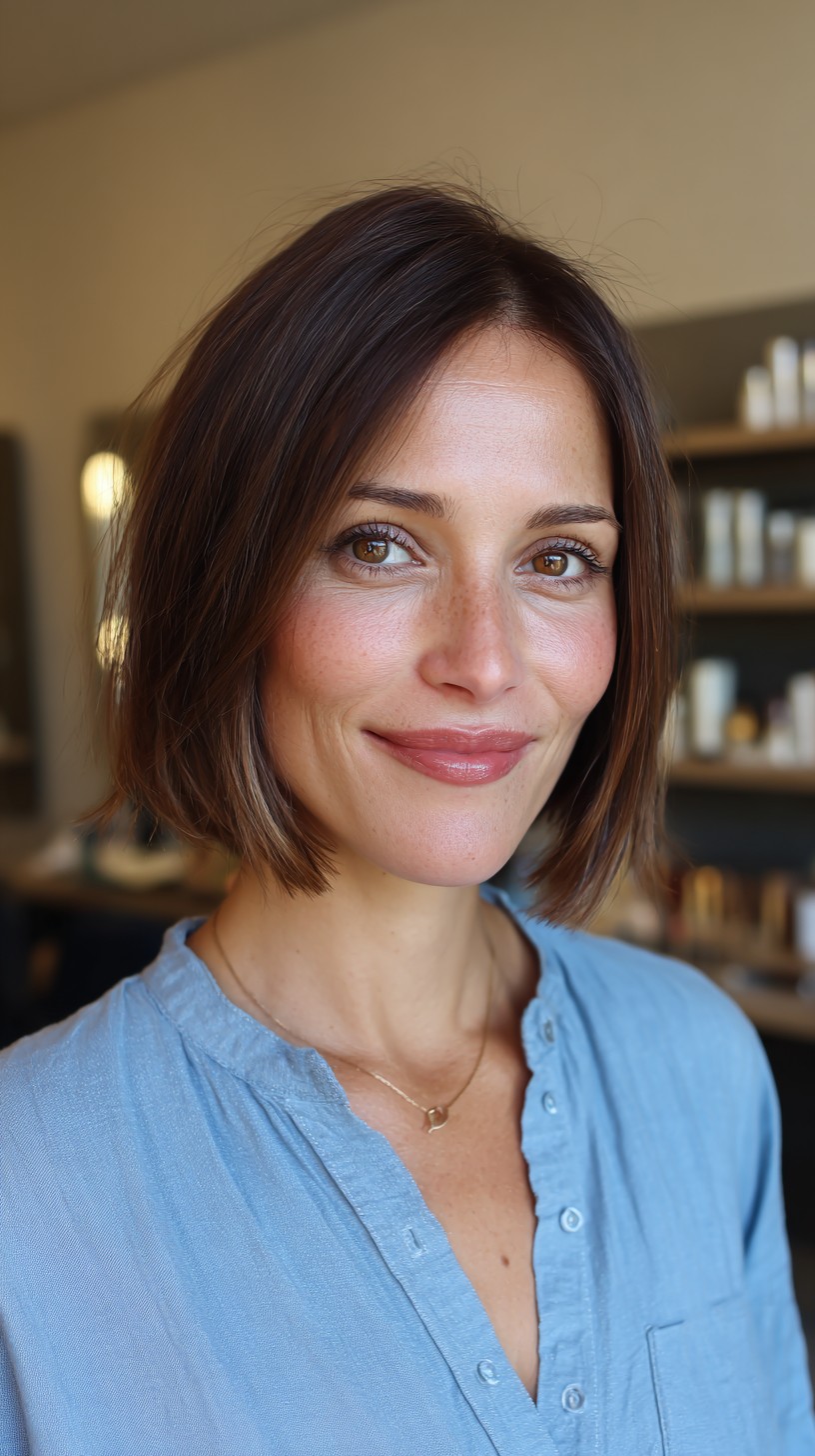 Sleek Chestnut Bob with Soft Face-Framing Layers