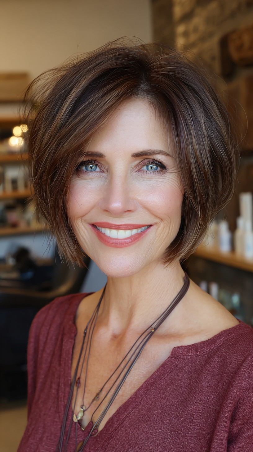 Sleek Chestnut Bob with Wispy Bangs