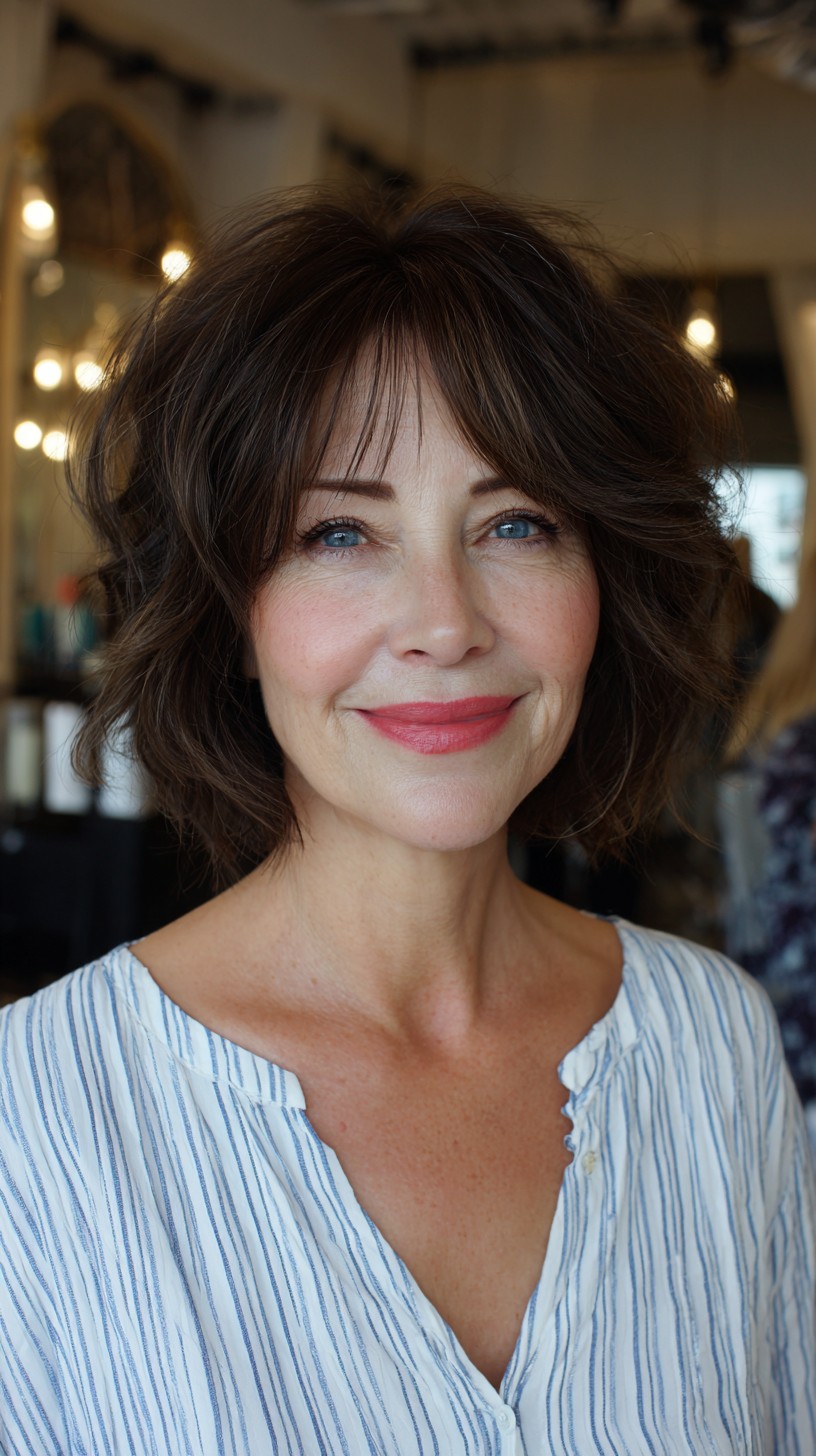 Soft Wavy Brunette Bob with Wispy Bangs