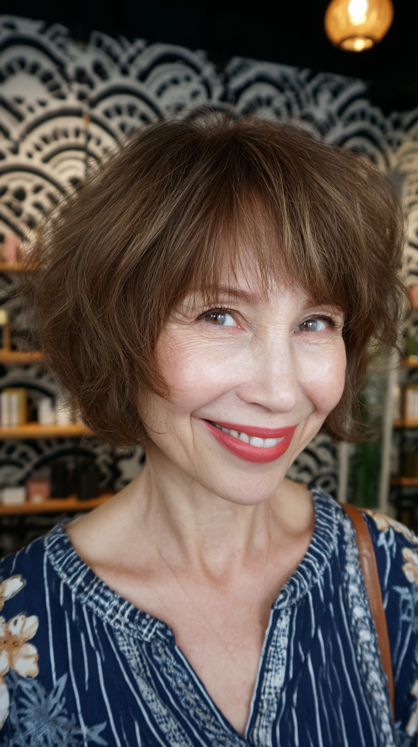 Softly Layered Natural Brown Bob with Wispy Bangs