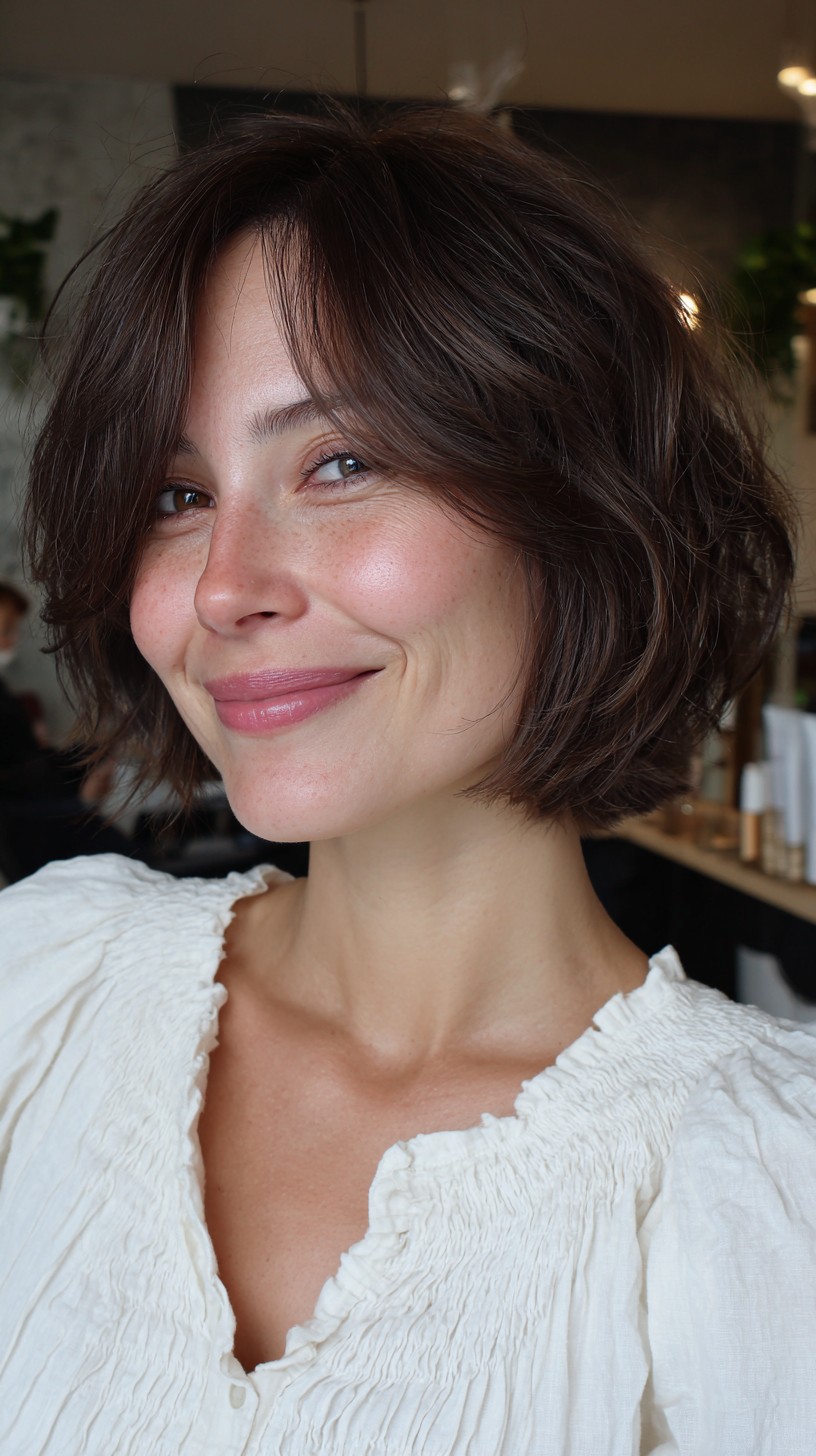 Sultry Chestnut Tousled Bob with Natural Movement