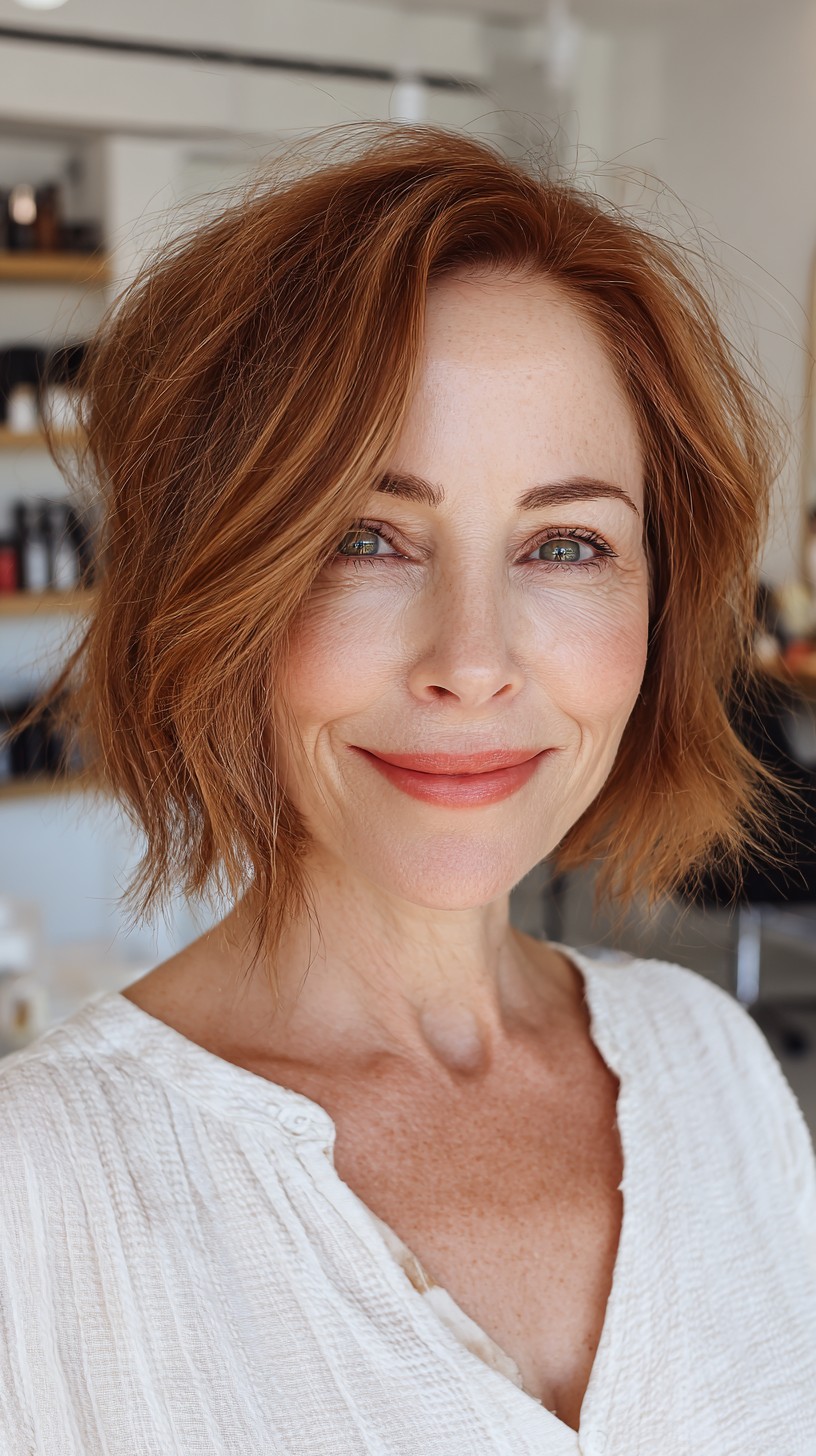 Vibrant Auburn Tousled Bob with Subtle Waves