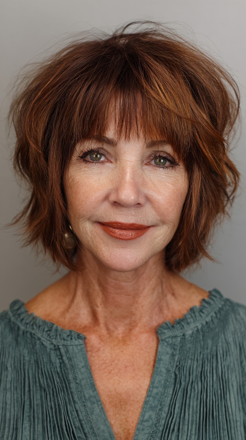 Auburn Textured Bob with Feathered Bangs