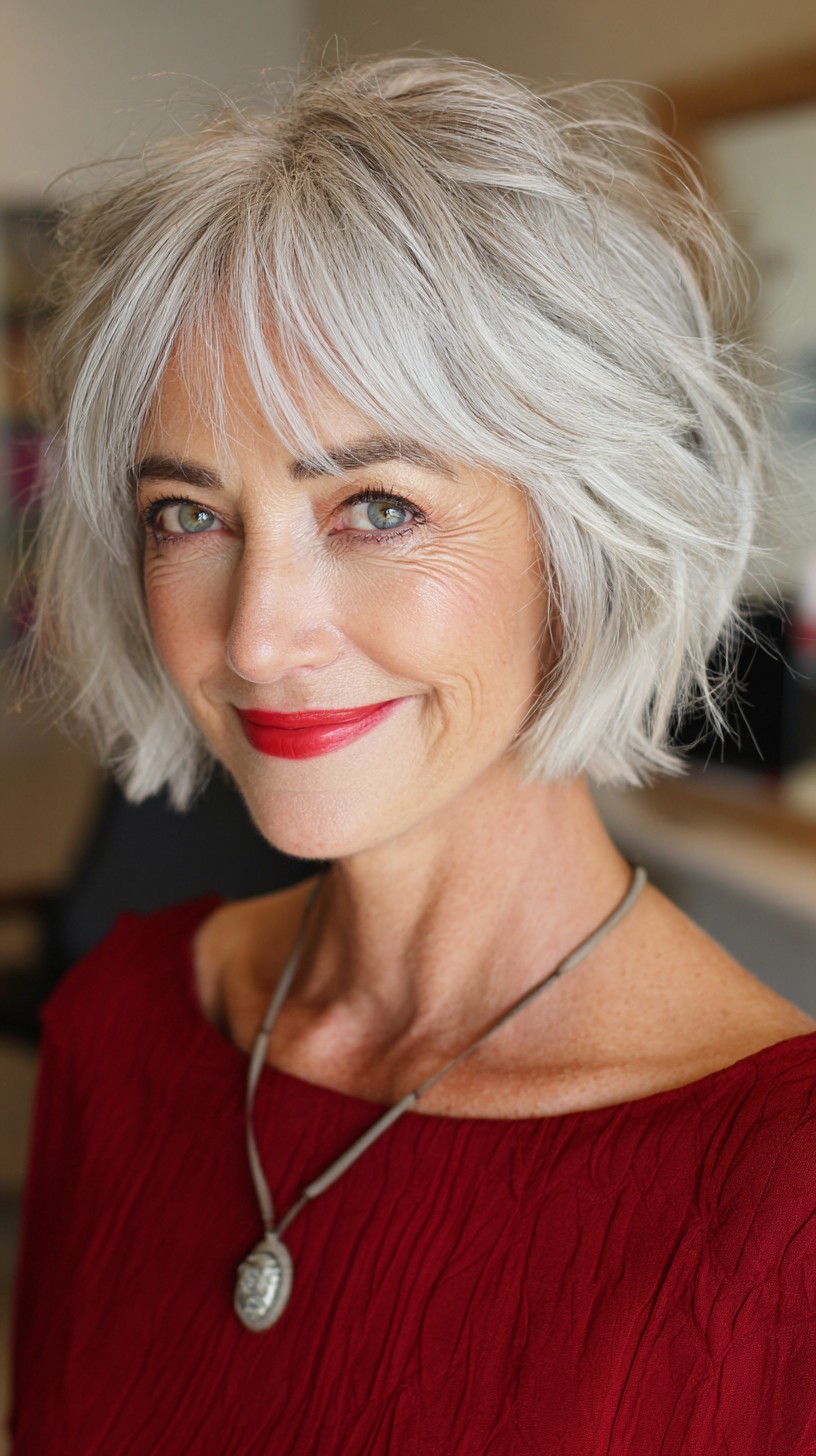 Bright Silver Layered Bob with Textured Waves