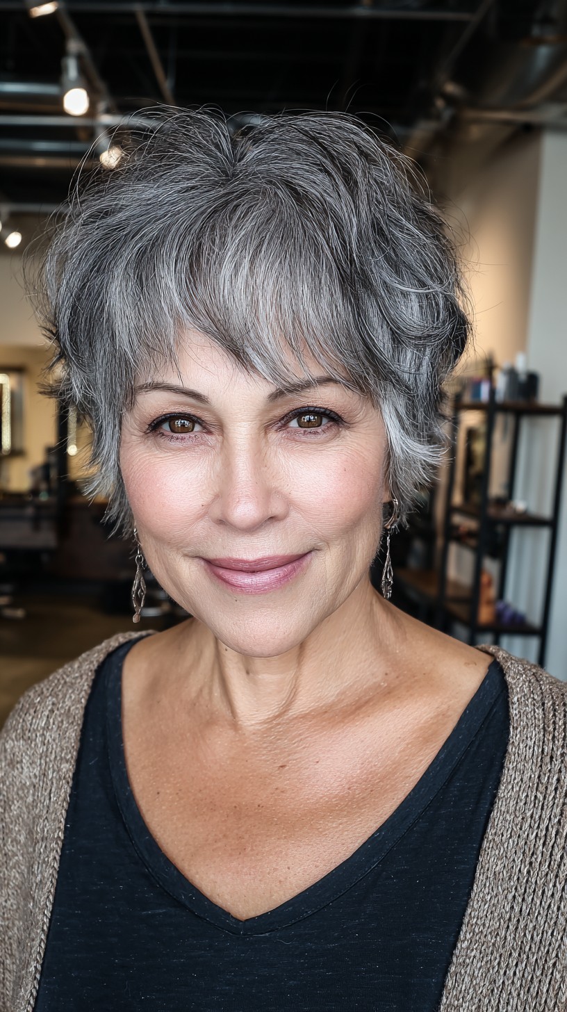 Charcoal-Grey Layered Tousle for Senior Women