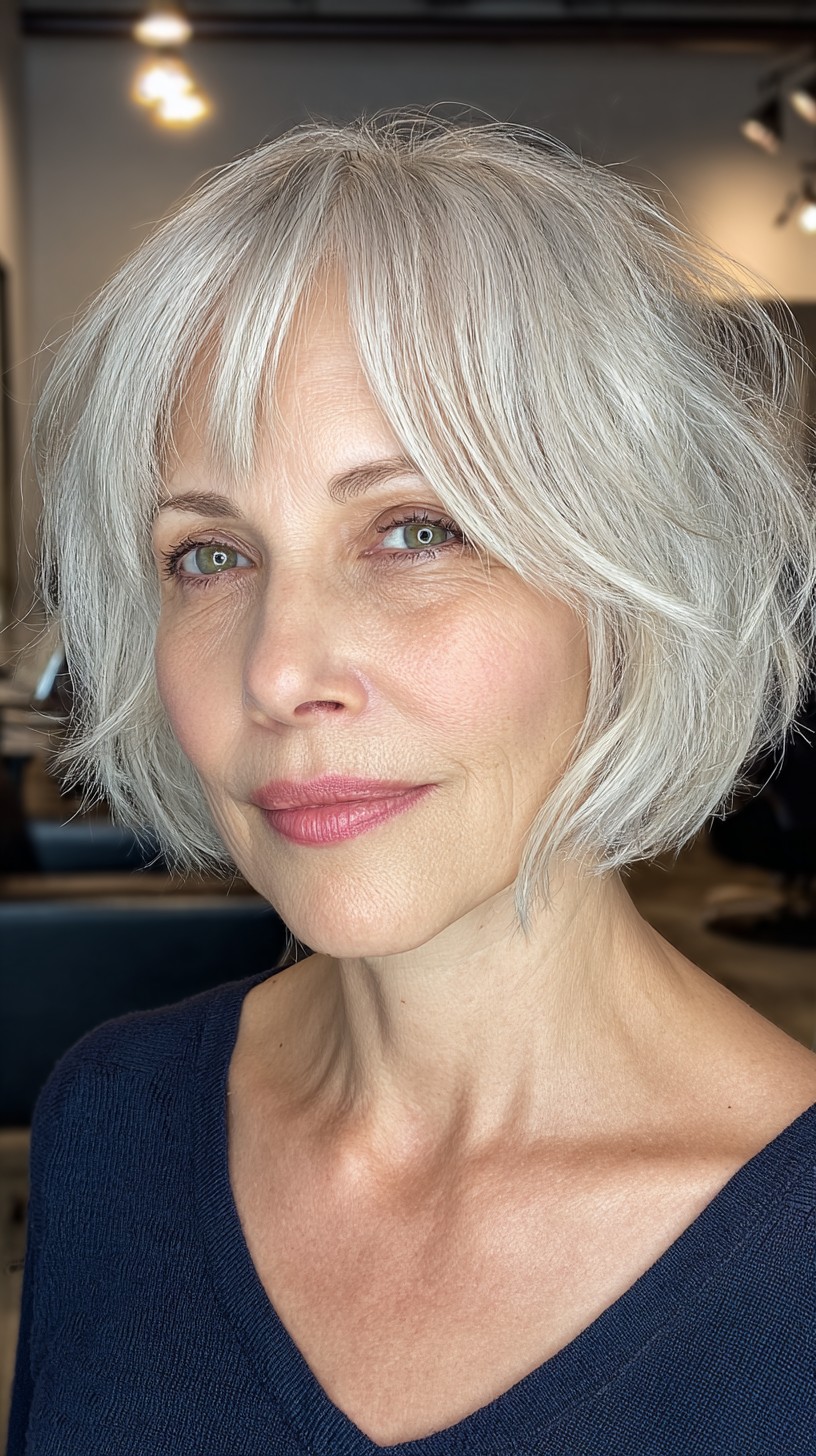 Chic Icy Blonde Layered Bob with Wispy Ends