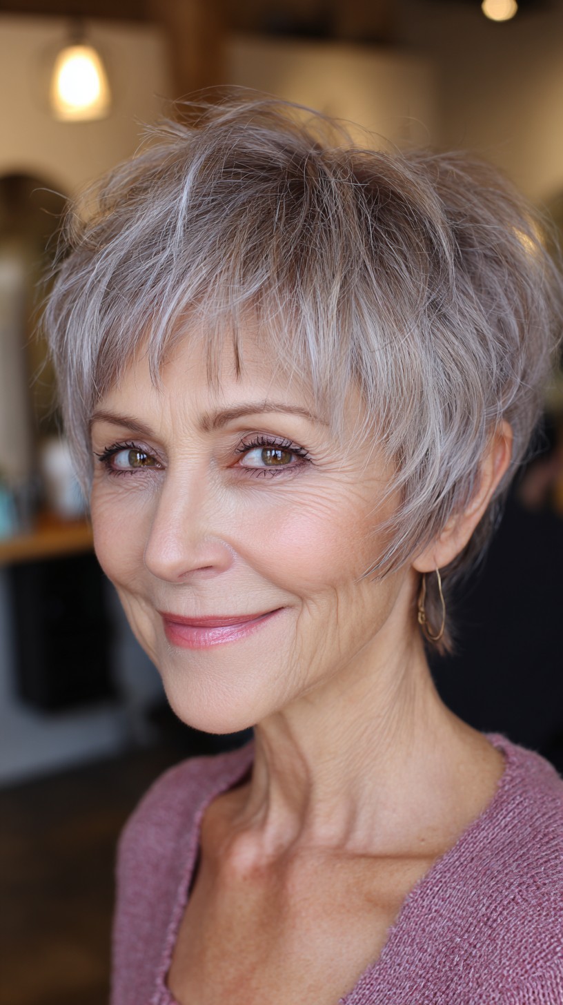 Chic Salt-and-Pepper Textured Pixie for Mature Women