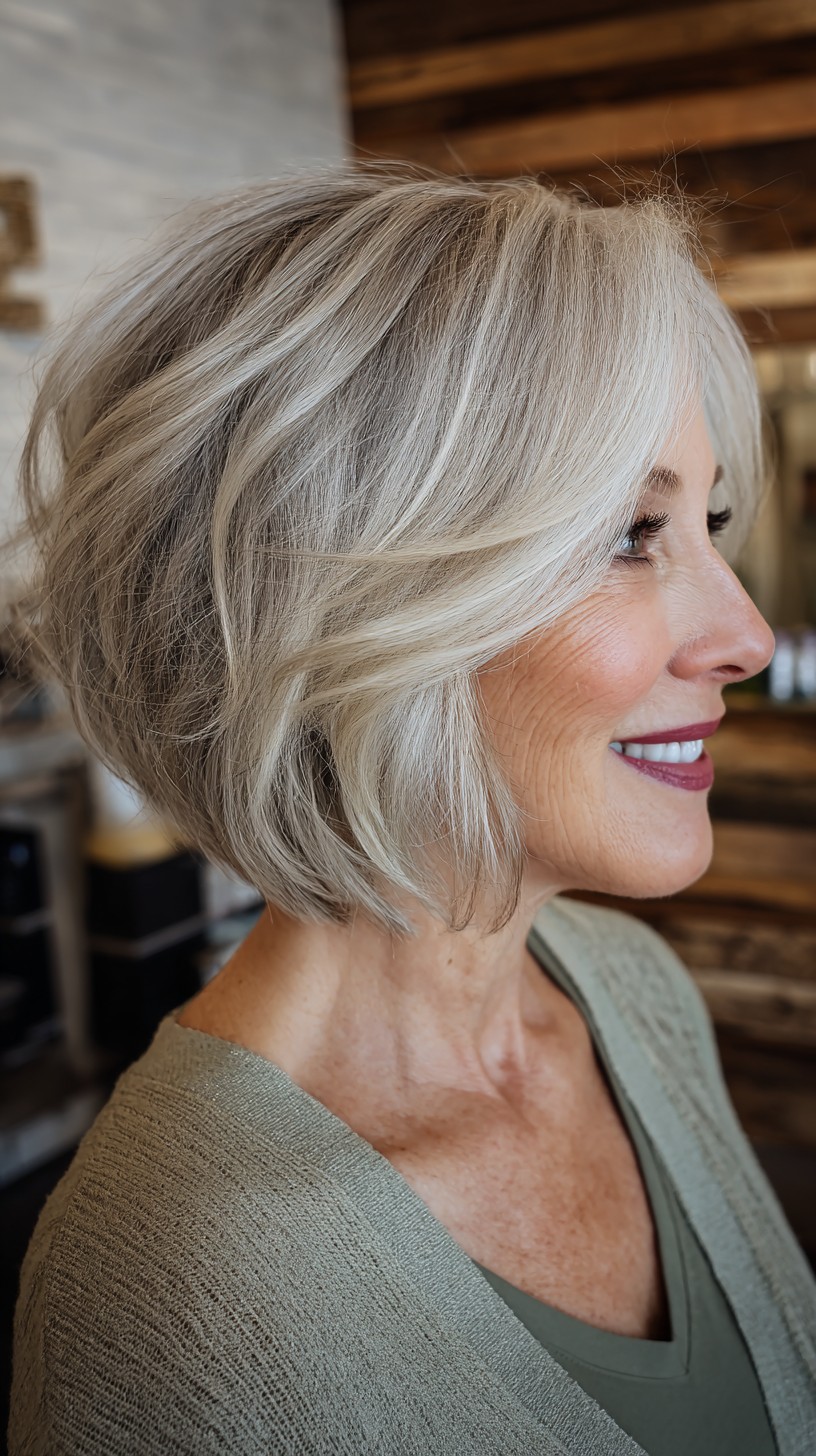 Chic Silver Feathered Bob with Soft Highlights