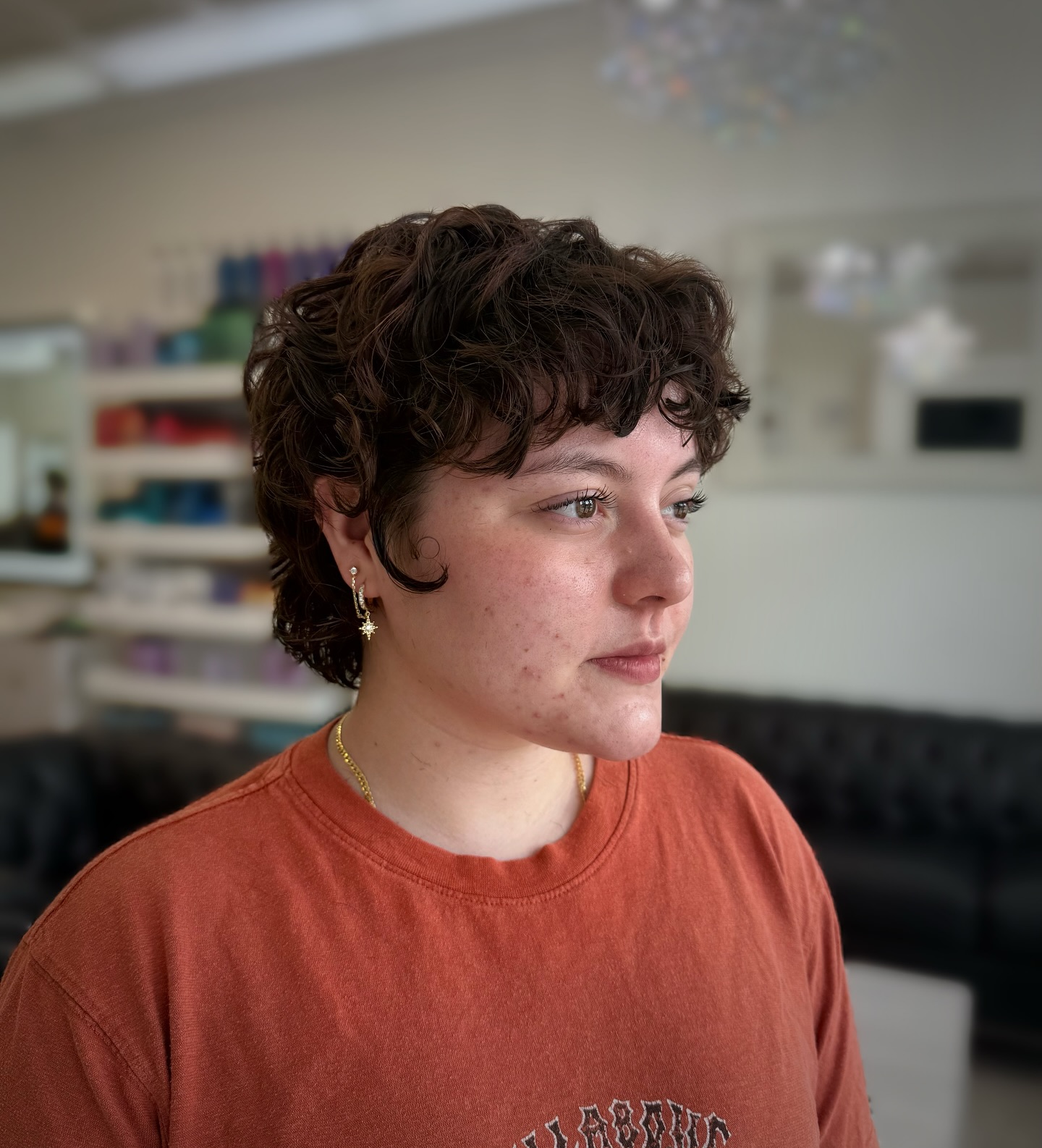 Curly Chestnut Pixie with Natural Texture