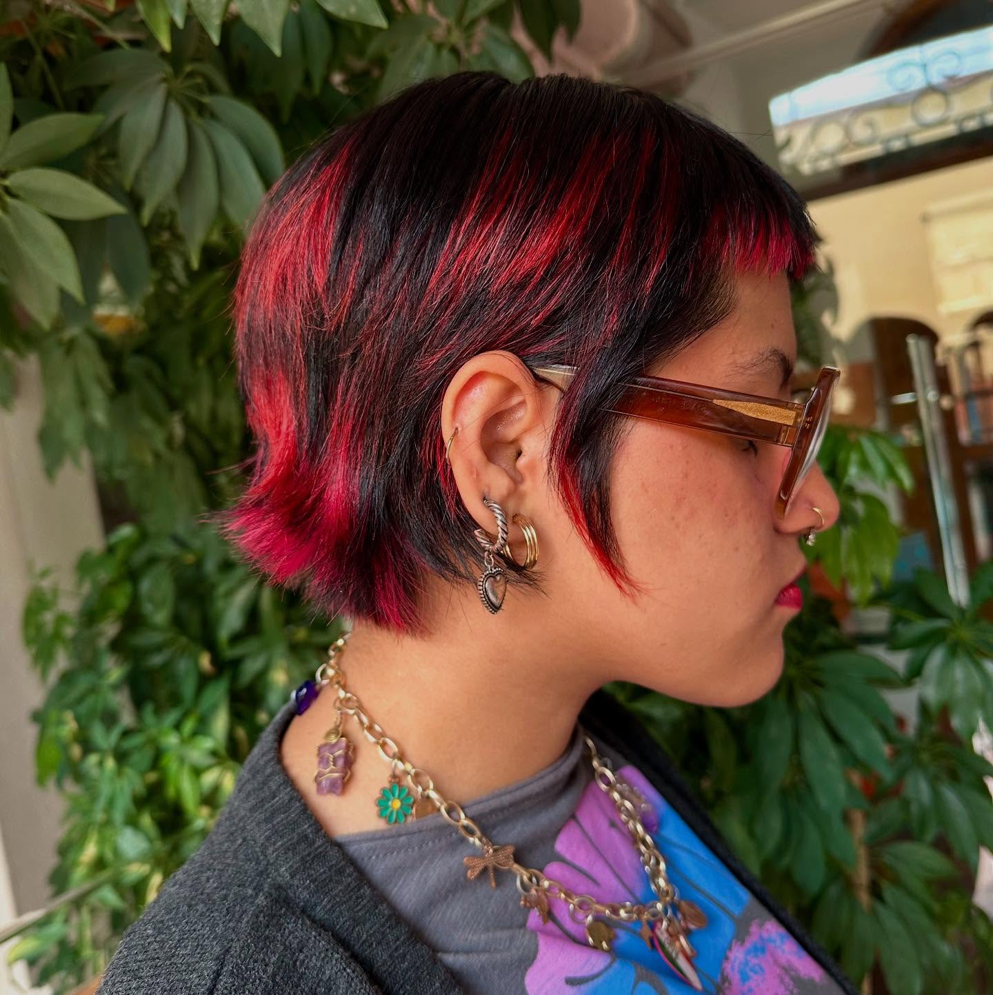 Edgy Red and Black Asymmetrical Pixie Cut