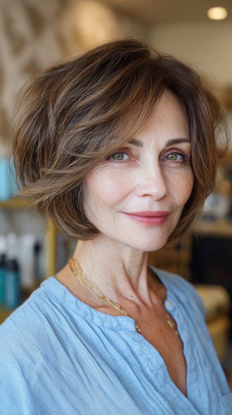 Effortless Chestnut Wavy Bob with Wispy Layers
